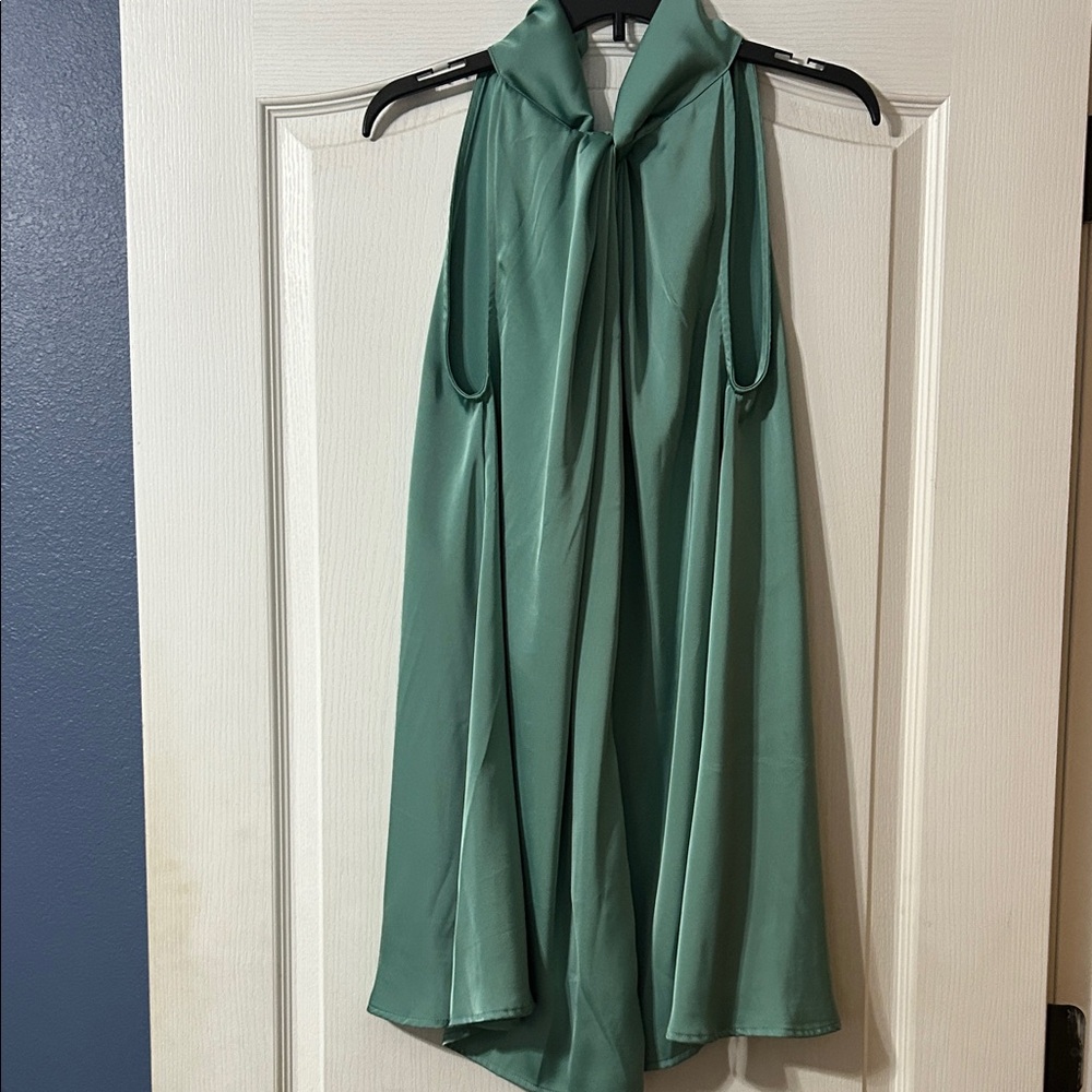 glam Sage Green Satin Halter Tie-Neck Blouse